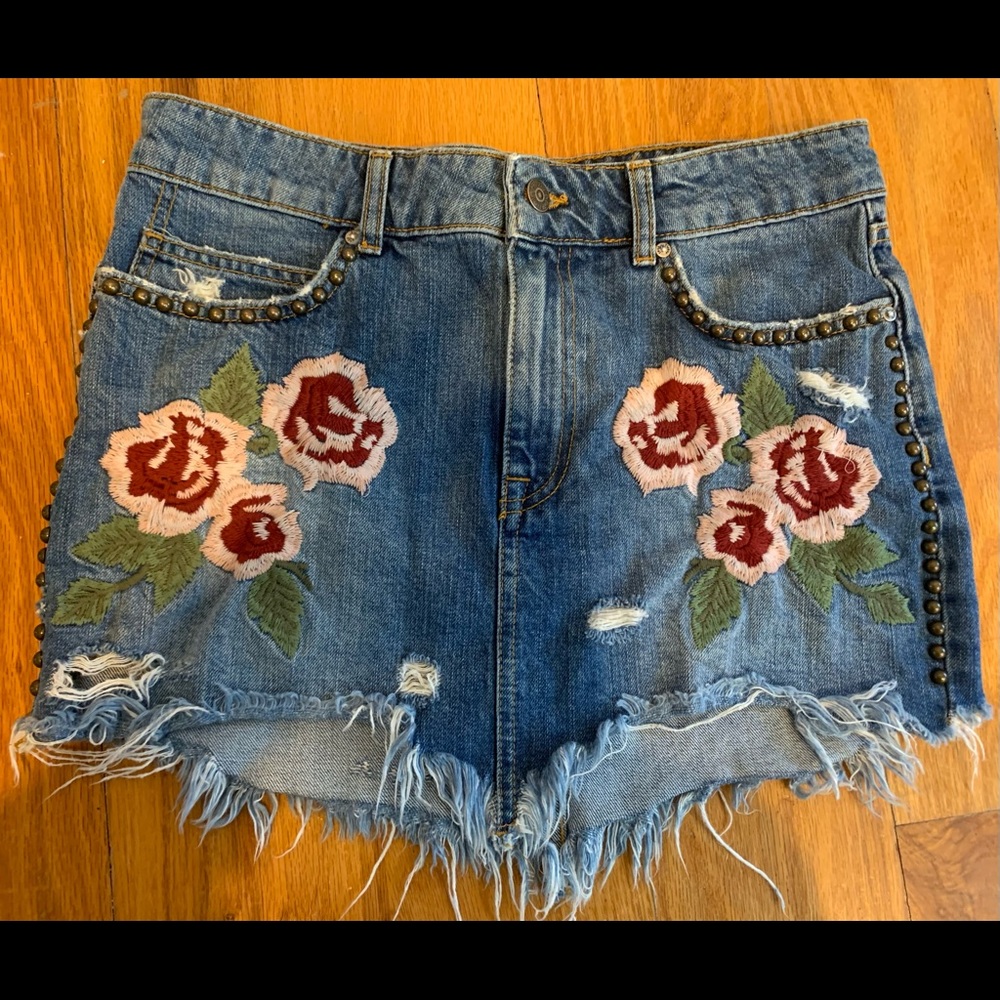 Free People Embroidered Jean Skirt